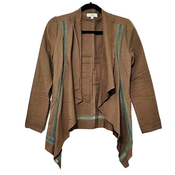 Umgee Sweaters - Umgee USA Brown Draped Open Front Cardigan Jacket with Green Crochet Trim Sz M